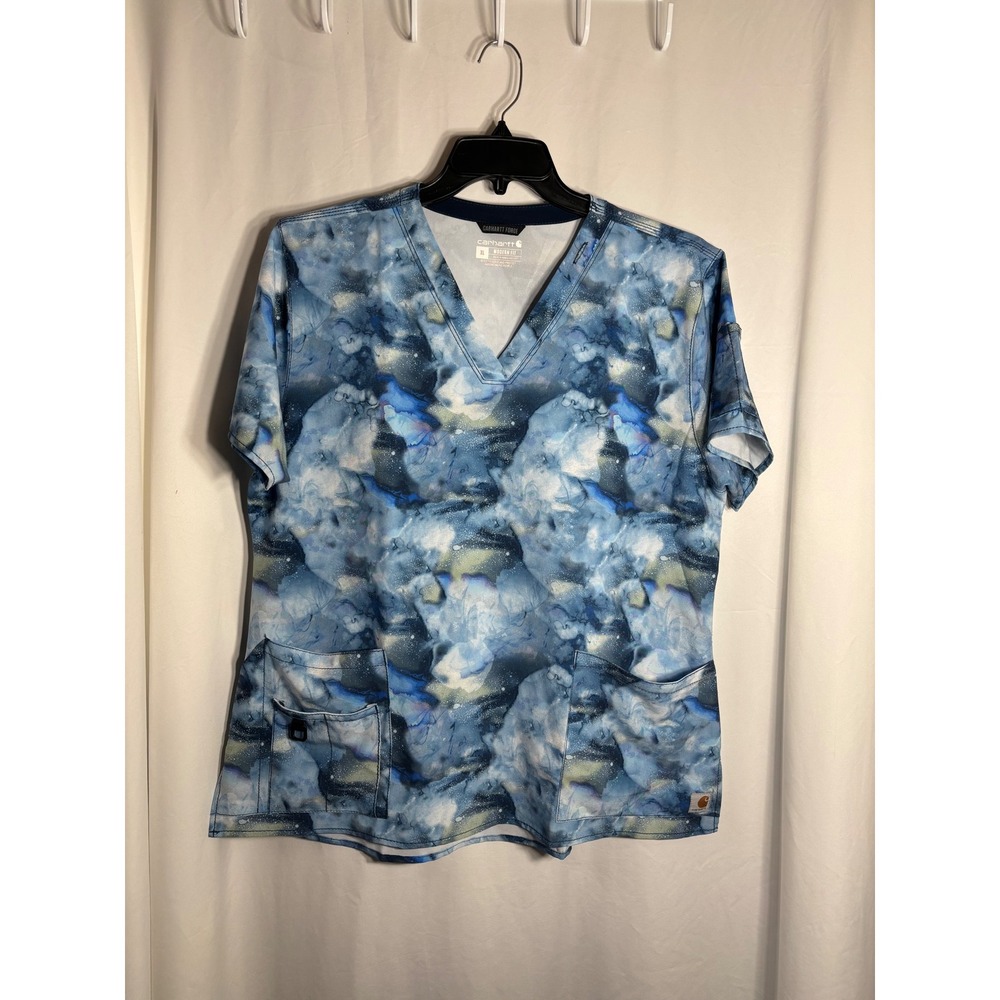 Carhartt Force Modern Fit Scrub Top‎ Womens XL Blue Tie Dye Workwear Medical